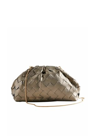 Soft metallic bronze woven leather clutch bag with gathered top and thin gold chain strap on white background.