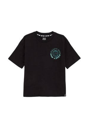 T-shirt noir en tissu doux, avec un col rond, des manches courtes et un graphique représentant un globe turquoise et du texte à l'avant.