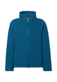 Giacca in pile blu con zip completa, colletto alto, sezioni di tessuto liscio e testurizzato a contrasto e piccolo logo ricamato sulla parte sinistra del petto.
