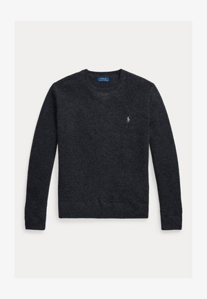 Dark gray knitted sweater with a crew neckline, textured fabric, and an embroidered logo on the left chest. Long sleeves and ribbed cuffs.