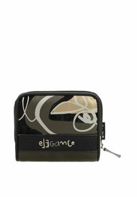 Billetera con cierre perimetral en negro y material sintético estampado. Presenta diseños abstractos en gris y dorado. Incluye un acento texturizado en negro.