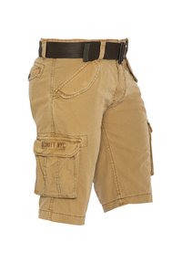 Khaki szorty cargo wykonane z teksturowanej tkaniny, z wzmocnionymi szwami, plecionym paskiem oraz boczną kieszenią z naszywką logo.