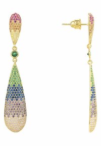 Orecchini a goccia in oro con un gradiente di pietre multicolori a forma di goccia, con una finitura strutturata e chiusura a scatto.