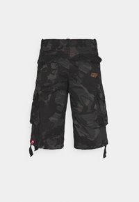 Camouflage cargo shorts in black and gray tones, featuring multiple pockets, adjustable drawstrings, and a rugged fabric texture.