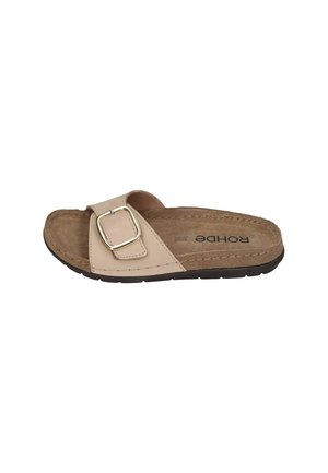 Beige slide sandal with a wide strap, rectangular silver buckle, and cork footbed. Textured sole for grip and comfort.
