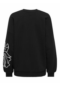 Sudadera negra con cuello redondo, manguitas largas abullonadas y un diseño floral blanco en la manga izquierda. Fabricada con un suave material de mezcla de algodón.