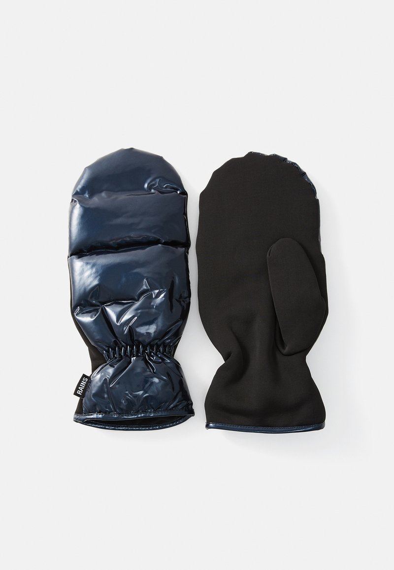 Luvas acolchoadas azul marinho com superfície brilhante de um lado e textura mate do outro, apresentando punhos elásticos para um ajuste seguro.