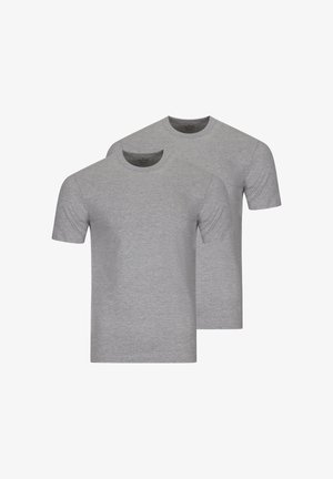 Two plain light gray short-sleeve crewneck t-shirts, layered, front shirt slightly overlapping the back one.