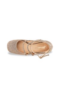 Glittering gold ballet flats with a rounded toe and ankle straps, crafted from a textured fabric with a smooth inner lining.