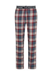 Geruite pyjamabroek met een zwarte elastische tailleband waarop "U.S. POLO ASSN." in het wit staat. Kleuren zijn rood, blauw en crème. Zachte stof.