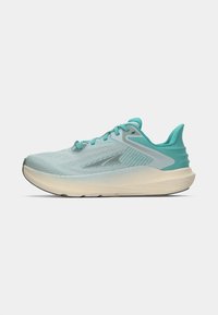 Light blue running shoe with a mesh upper, textured design, contrasting teal accents, and a light sole. Lace-up closure, cushioned for support.