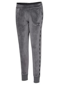 Graue Velours-Sweatpants mit elastischem Bund und Bündchen. Verfügt über Seitestreifen mit Logo der Marke und eine glatte, weiche Textur.