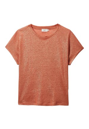 T-shirt pour femme à manches courtes, couleur rouille, avec un col rond, en tissu texturé, présenté à plat sur un fond blanc.