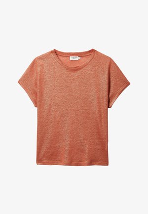 T-shirt pour femme à manches courtes, couleur rouille, avec un col rond, en tissu texturé, présenté à plat sur un fond blanc.