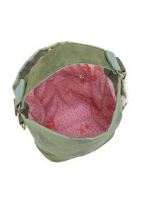 Sac en tissu vert avec une texture douce, doté d'un intérieur à motif floral rose et d'une poche zippée. Les accents comprennent des sangles et des accessoires bleu clair.