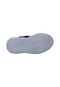 Suola nera di scarpa con una superficie in gomma bianca testurizzata caratterizzata da motivi esagonali per la presa e la stabilità. La forma è arrotondata con un bordo liscio.
