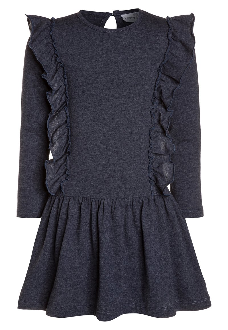 Tmavě šedé dlouhé šaty s řasenými detaily po stranách a rozšířeným lemem. Mají kulatý výstřih a uzávěr ve tvaru klíčové dírky na zádech.