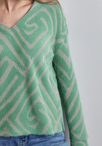 Pull à col en V vert et beige avec une texture duveteuse, présentant un motif géométrique et des manches longues, associé à un jean bleu.