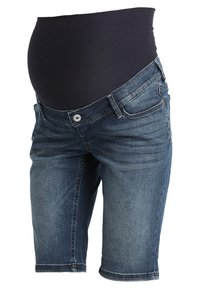 Graviditetsjeansshorts i mörkblått med ett stretchy svart midjeband, med en klassisk femfickdesign och upprullad fåll.