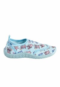 Jasnoniebieskie buty wsuwane z gładką, gumową podeszwą. Cechują się powtarzającym się wzorem z postaciami z kreskówek w kolorze różowym i niebieskim, górna część z miękkiego materiału.