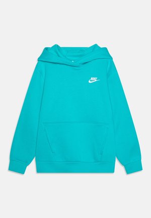 Turkis Nike-hættetrøje med forlommekangaroo, lange ærmer, ribstrikkede manchetter og kant samt et lille hvidt Nike-logo på brystet.