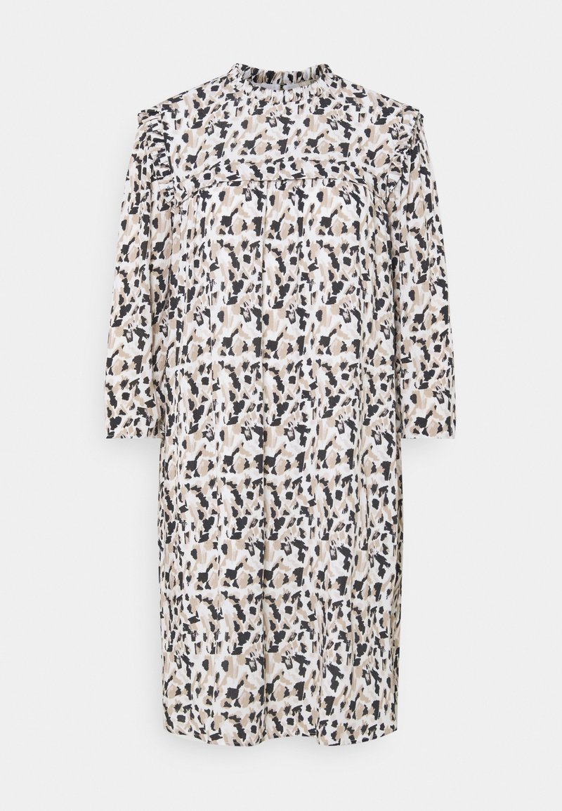 Abito a fantasia floreale con collo alto, maniche lunghe, dettagli arricciati e silhouette fluida nei toni crema, nero e beige.