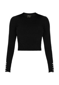 Tricou negru cu mânecă lungă, cu un design scurtat. Are nasturi decorativi la manșete și o textură subtilă, presărată pe toată suprafața.