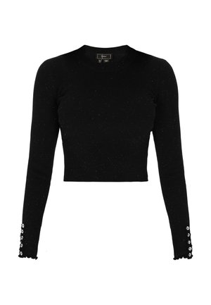 Schwarzes, geripptes Langarmoberteil mit einem cropped Design. Verfügt über dekorative Knöpfe an den Bündchen und hat eine subtile, gesprenkelte Textur.