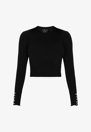 Top nero a maniche lunghe a coste con design cropped. Presenta bottoni decorativi ai polsini e una sottile texture a puntini su tutta la superficie.
