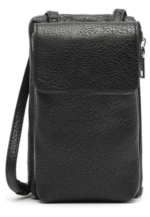 Sac bandoulière en cuir noir texturé avec rabat avant et poche latérale zippée, doté d'une longue bandoulière pour un porté épaule ou croisé.