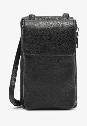 Sac bandoulière en cuir noir texturé avec rabat avant et poche latérale zippée, doté d'une longue bandoulière pour un porté épaule ou croisé.
