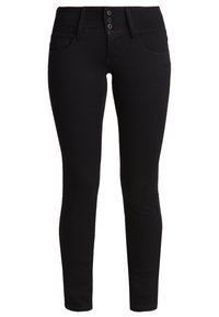 Pantalones negros ajustados con cierre de tres botones, bolsillos delanteros y trabillas para cinturón, mostrados contra un fondo blanco.