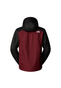 Giacca resistente all'acqua con corpo bordeaux e spalle nere. Presenta un cappuccio e un logo sulla parte superiore della schiena, realizzata in tessuto liscio e resistente.