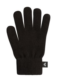 Guantes de lana negros con puño de canalé, que cuentan con cinco compartimentos para los dedos y una pequeña etiqueta en el lateral. Textura suave y diseño sin costuras.