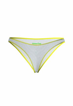 Culotte de bikini en filet blanc transparent avec bordure jaune néon et logo "Maison Close" vert centré sur la ceinture avant.