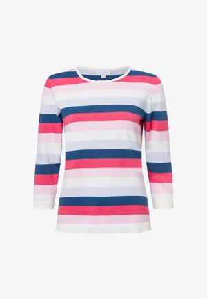 Gestreifter Strickoberteil mit dreiviertelärmeln, ausgestattet mit wechselnden Bändern in Pink, Weiß und Marineblau. Rundhalsauschnitt und gerippter Saum.