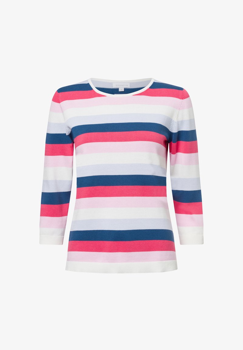 Gestreifter Strickoberteil mit dreiviertelärmeln, ausgestattet mit wechselnden Bändern in Pink, Weiß und Marineblau. Rundhalsauschnitt und gerippter Saum.