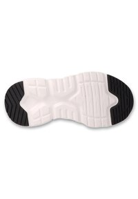 Podeszwa buta z białej gumy z czarnymi teksturowanymi sekcjami. Zawiera różnorodne rowki i wzory dla lepszego chwytu i elastyczności.