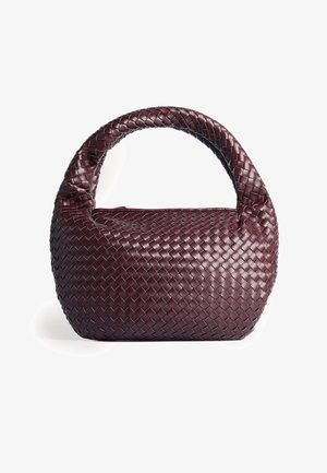 Kootud burgundi värvi käekott ümarate vormide, paksu käepideme ja tekstuuriga nahaga. Omab siledat, läikivat pinda ja tõmbluku sulgemist.