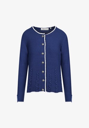 Navy blue knitted cardigan with a round neckline, decorative white trim, button closure, and side panels featuring cable knit patterns.