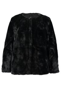 Schwarze Kunstfelljacke mit einer weichen, strukturierten Oberfläche, rundem Halsausschnitt und ohne Verschlüsse. Sie hat eine lockere, kastige Passform und lange Ärmel.