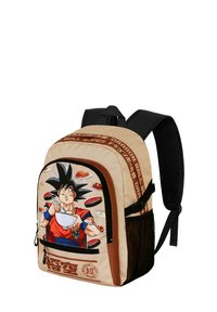 Un sac à dos avec un corps beige et un graphique à l'avant représentant un personnage en train de manger. Comprend des bretelles marron et une poche en mesh sur le côté. Détails de texte et de logo présents.