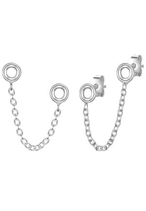 Pendientes de plata que presentan dos cadenas entrelazadas con acentos circulares, textura suave y un diseño de tuerca floral con un mecanismo de cierre seguro.