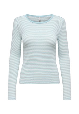 Vaaleansininen ja valkoinen vaakaraitainen pitkähihainen paita, jossa pyöreä pääntie ja vartalonmyötäinen malli.