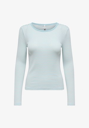 Maglietta a maniche lunghe a righe orizzontali azzurro chiaro e bianco, con scollo rotondo e silhouette aderente.