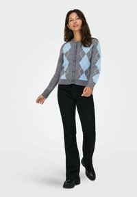 Grijze cardigan met blauw ruitpatroon, sluiting met knopen aan de voorkant en geribde manchetten, gecombineerd met zwarte uitlopende broek en stevige zwarte schoenen.