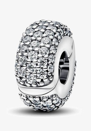 Bead in argento decorato con numerosi cristalli trasparenti a taglio rotondo che creano una superficie scintillante e texture.