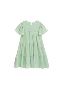Hellgrünes Kleid mit kurzen Rüschenärmeln, Punktestruktur, gestuften Design und rundem Ausschnitt. Mit einer Schlitzöffnung auf der Rückseite.
