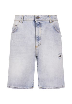 Jasnoniebieskie szorty jeansowe z wyblakłym praniem, zapinane na guziki, z bocznymi kieszeniami i małym przetarciem na prawej udzie.
