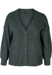 Grüne Wollstrickjacke mit tiefem V-Ausschnitt, langen Ärmeln und fünf Knöpfen an der Vorderseite. Weiche Textur und entspannte Passform.